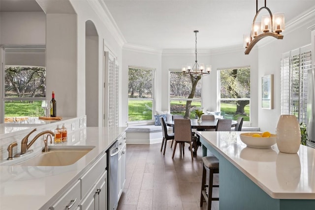 kitchen with a chandelier, plenty of natural light, dark wood finished floors, and a sink