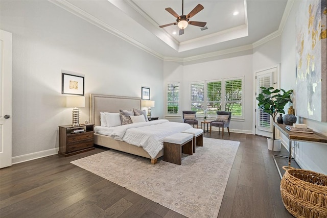bedroom with a high ceiling, baseboards, access to outside, and dark wood-style flooring