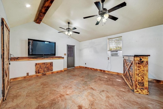 unfurnished living room featuring lofted ceiling with beams, cooling unit, baseboards, and concrete flooring