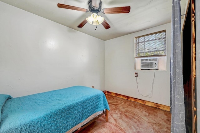 bedroom with cooling unit, a ceiling fan, and baseboards