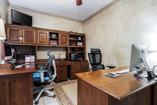 office area featuring ornamental molding, a ceiling fan, and a textured wall