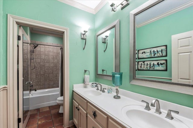 full bathroom with crown molding, toilet, tile patterned floors, and a sink