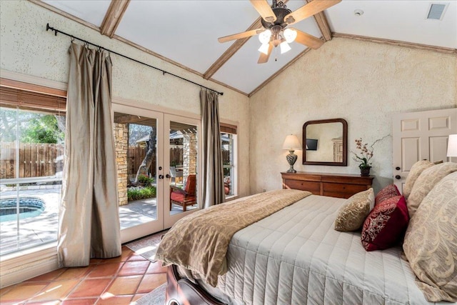 bedroom with access to exterior, visible vents, light tile patterned floors, french doors, and high vaulted ceiling