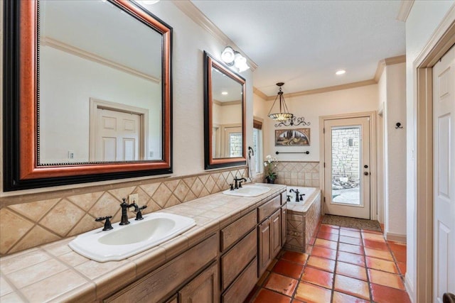 bathroom with a sink, double vanity, and crown molding