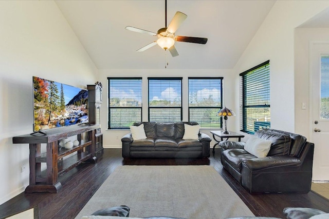 living room featuring plenty of natural light, high vaulted ceiling, a ceiling fan, and wood finished floors