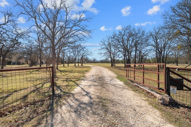 view of road featuring a gate, a rural view, and driveway