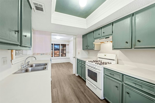 kitchen featuring under cabinet range hood, visible vents, green cabinets, and white gas range oven