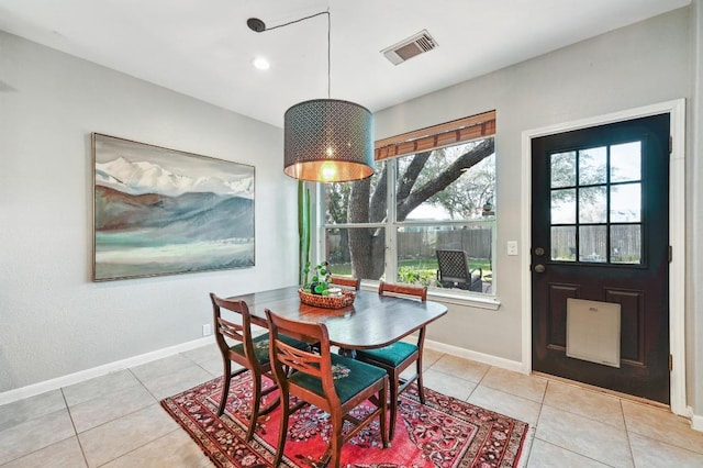 dining room featuring recessed lighting, light tile patterned floors, baseboards, and visible vents