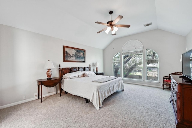 bedroom featuring visible vents, baseboards, ceiling fan, light colored carpet, and lofted ceiling