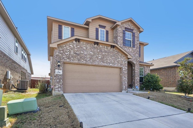 view of front facade featuring cooling unit, stone siding, brick siding, and driveway