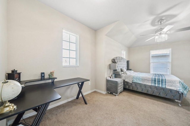 bedroom with baseboards, light carpet, and a ceiling fan