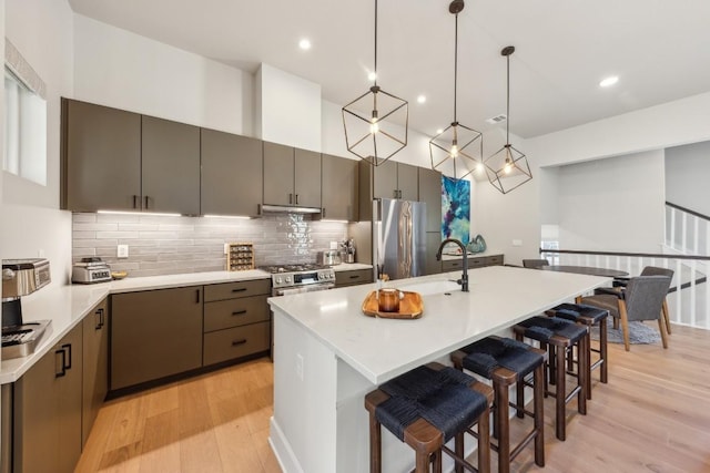 kitchen with under cabinet range hood, light wood finished floors, appliances with stainless steel finishes, and a sink