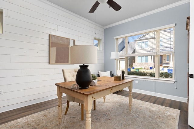 5820 Harper Park Dr Unit 70, Austin, TX 78735 - home office featuring wood finished floors, crown molding, a ceiling fan, and wooden walls