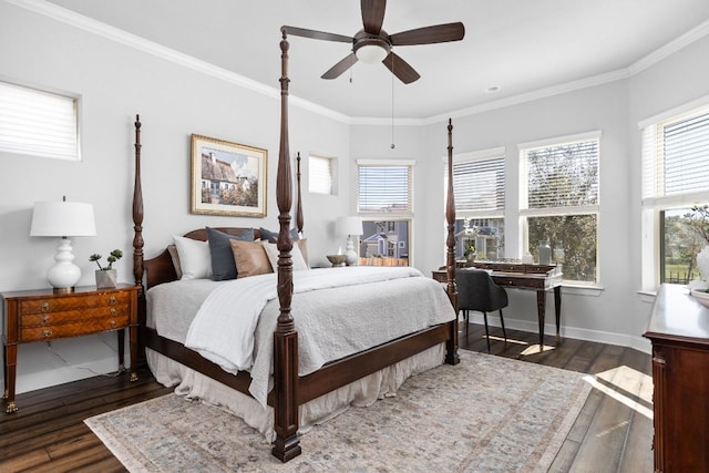 5820 Harper Park Dr Unit 70, Austin, TX 78735 - bedroom featuring hardwood / wood-style floors, multiple windows, crown molding, and ceiling fan