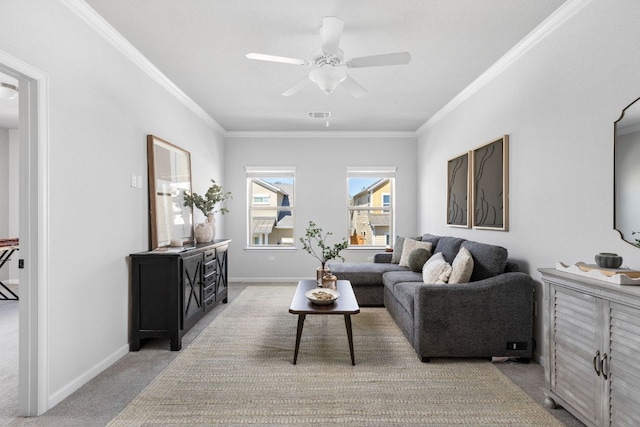 5820 Harper Park Dr Unit 70, Austin, TX 78735 - living area featuring light colored carpet, crown molding, and a ceiling fan