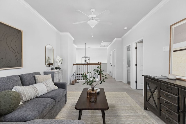 5820 Harper Park Dr Unit 70, Austin, TX 78735 - living room with a ceiling fan, light carpet, and ornamental molding