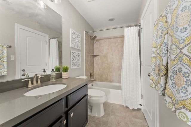 full bathroom featuring vanity, visible vents, shower / tub combo, tile patterned floors, and toilet