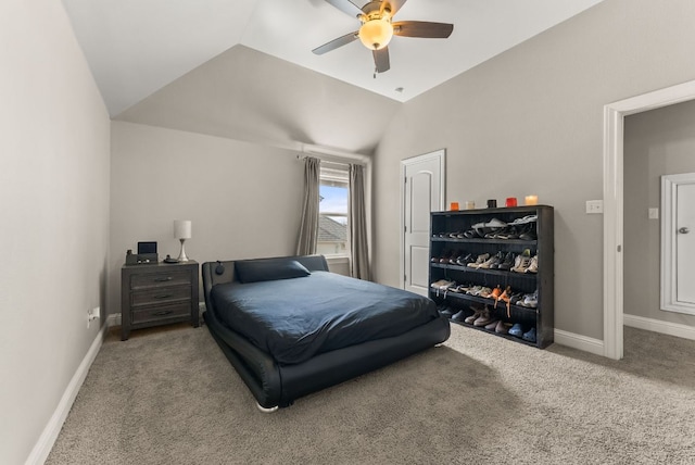 bedroom featuring baseboards, carpet floors, ceiling fan, and vaulted ceiling