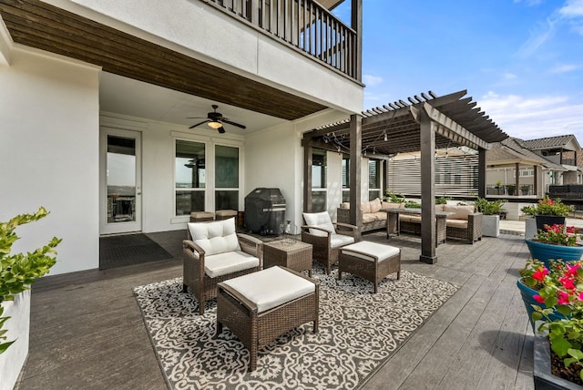 view of patio featuring a balcony, area for grilling, a pergola, ceiling fan, and an outdoor hangout area