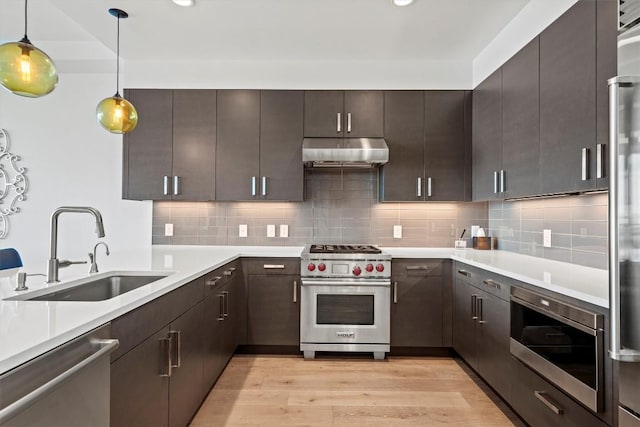 kitchen with light wood-style flooring, a sink, stainless steel appliances, light countertops, and under cabinet range hood