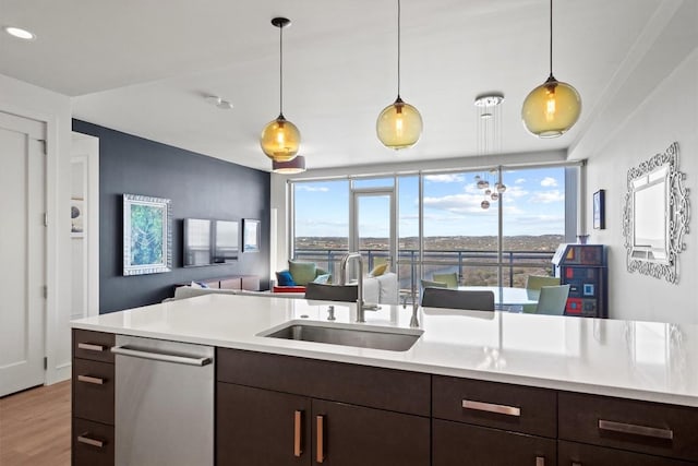 kitchen with a wealth of natural light, dark brown cabinets, light countertops, and a sink