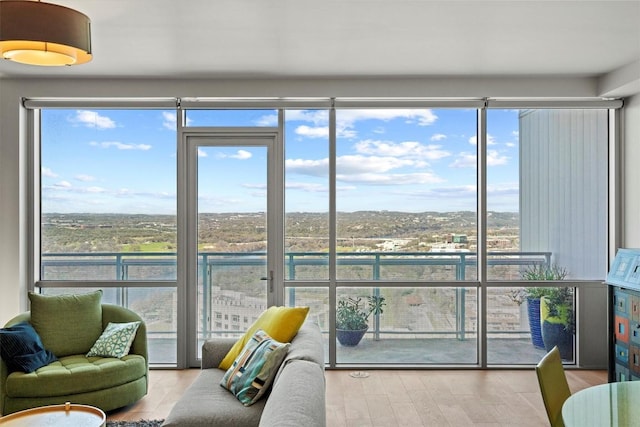 living room featuring expansive windows and wood finished floors