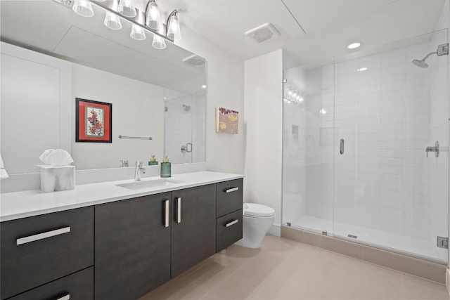 full bath with vanity, toilet, visible vents, and a stall shower