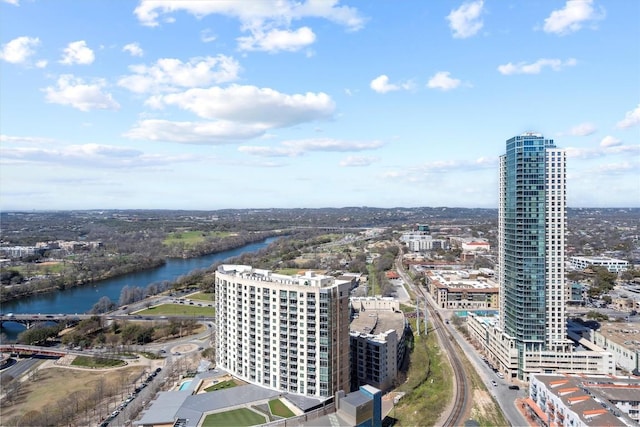 bird's eye view with a water view and a city view