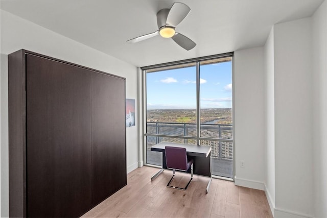 office with light wood finished floors, a ceiling fan, a wall of windows, and baseboards