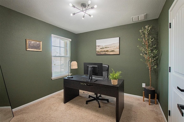 office space featuring visible vents, light colored carpet, and baseboards