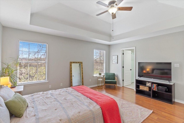 bedroom featuring multiple windows, a tray ceiling, and wood finished floors