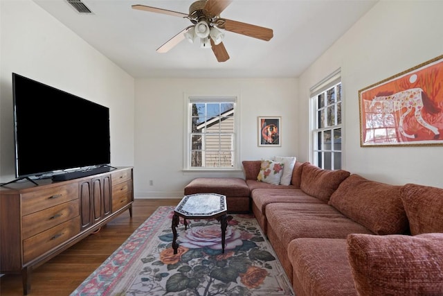 5902 Coventry Ln, Austin, TX 78723 - living area featuring dark wood-style floors and ceiling fan