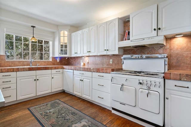 kitchen with under cabinet range hood, white appliances, dark wood-type flooring, and white cabinetry