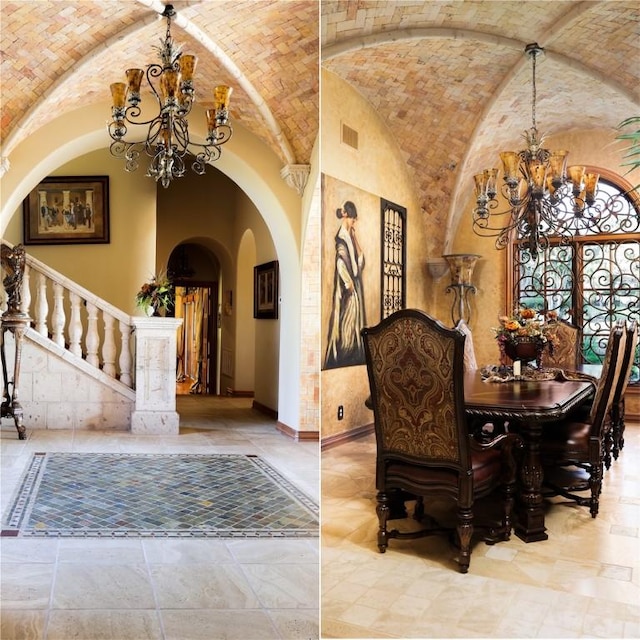 dining room featuring baseboards, arched walkways, brick ceiling, and a chandelier