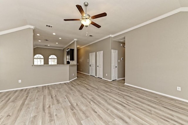 unfurnished living room featuring a ceiling fan, baseboards, light wood-type flooring, and ornamental molding