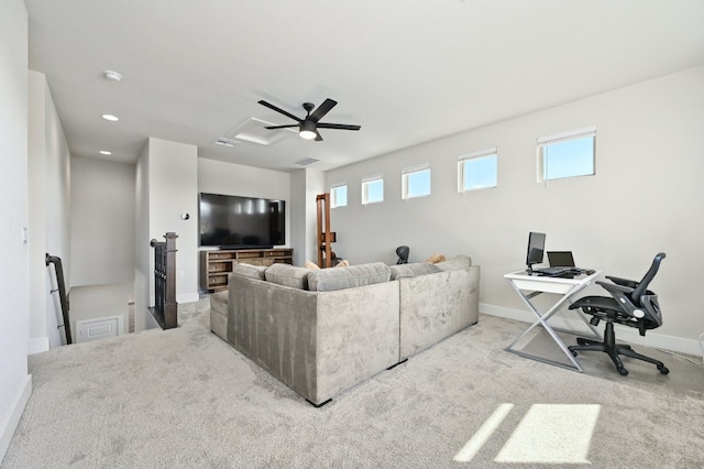 carpeted living room with recessed lighting, baseboards, and ceiling fan