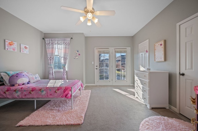 bedroom with access to exterior, ceiling fan, baseboards, and carpet