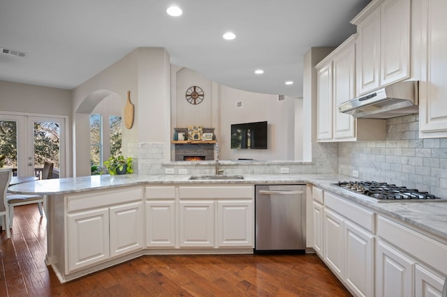 kitchen with visible vents, under cabinet range hood, light stone counters, a sink, and appliances with stainless steel finishes