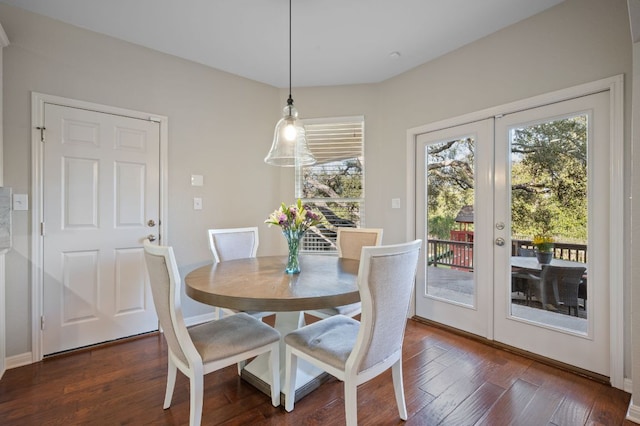 dining room featuring french doors, baseboards, and dark wood-style flooring