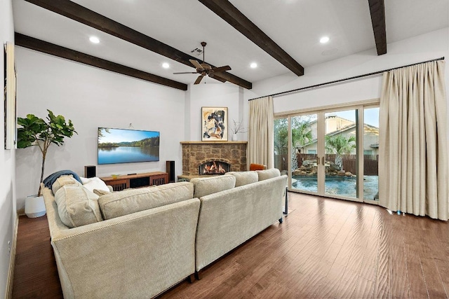12500 Verandah Ct, Austin, TX 78726 - living area with ceiling fan, wood finished floors, beam ceiling, a fireplace, and recessed lighting
