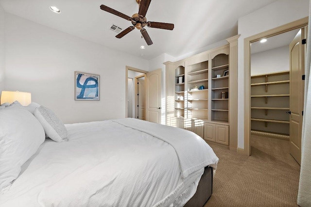 bedroom featuring visible vents, ceiling fan, recessed lighting, and carpet flooring