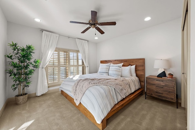 bedroom featuring recessed lighting, a ceiling fan, and carpet floors