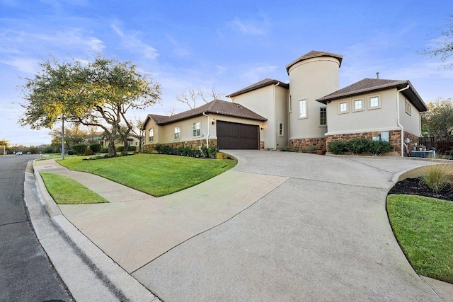 12500 Verandah Ct, Austin, TX 78726 - view of front of home featuring stone siding, concrete driveway, an attached garage, a front yard, and stucco siding