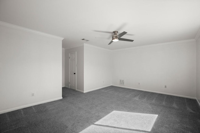 empty room featuring dark colored carpet, visible vents, and baseboards