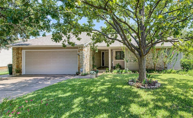 ranch-style home featuring a shingled roof, a front lawn, concrete driveway, a garage, and stone siding