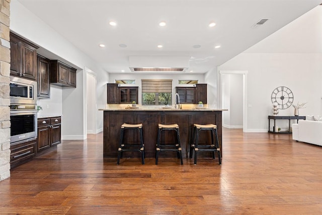 kitchen with stainless steel appliances, dark brown cabinetry, dark wood finished floors, a sink, and recessed lighting