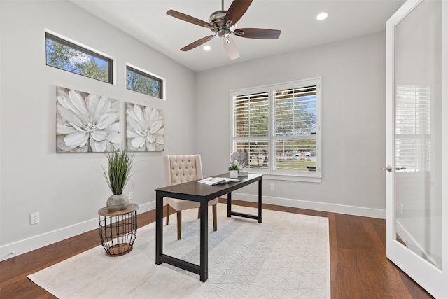 home office with recessed lighting, a ceiling fan, baseboards, and wood finished floors