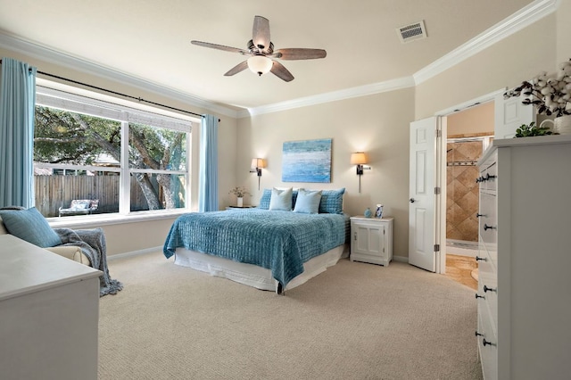 bedroom with light carpet, visible vents, baseboards, and ornamental molding