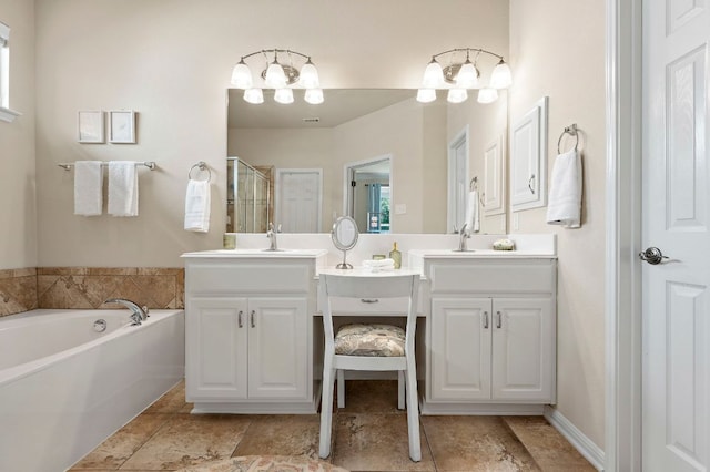 full bathroom with two vanities, a shower stall, a garden tub, and a sink