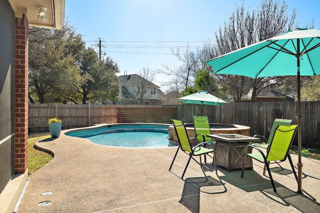 view of swimming pool featuring a patio area, a fenced in pool, a fenced backyard, and a fire pit